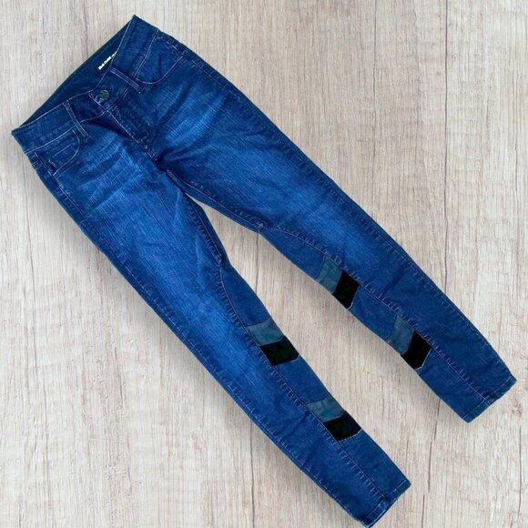 BLACK ORCHID Stretch Dark Wash Denim Velvet Patchwork Leg Detail Skinny Jeans 26 - Picture 5 of 14